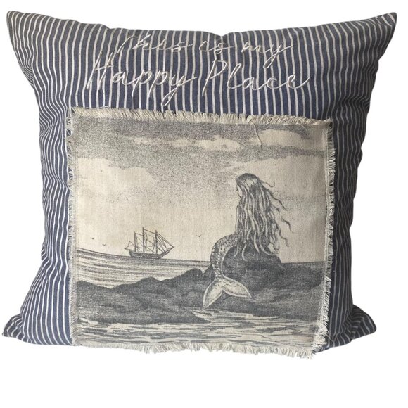 Shabby Chic Striped Decorative Pillow Mermaid This Is My Happy Place Beach House - Picture 1 of 10